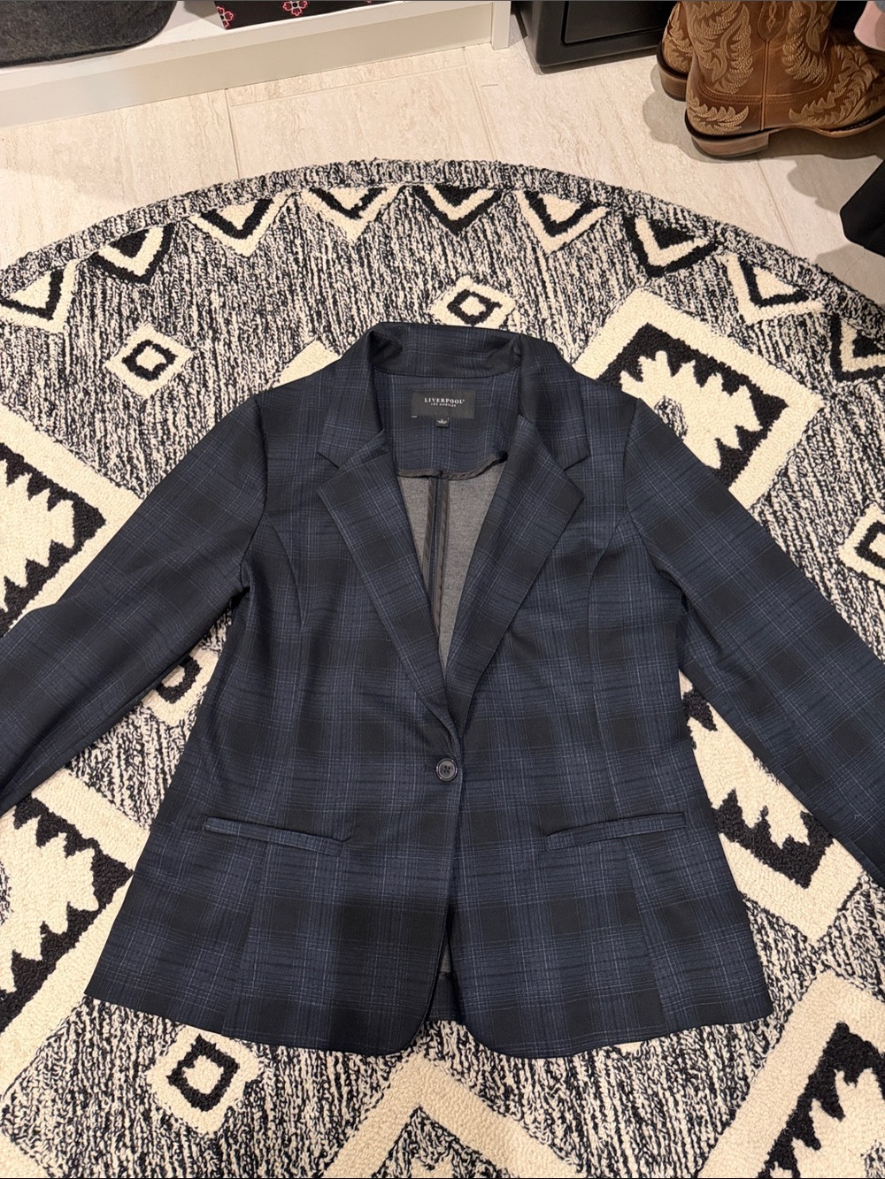 Liverpool Navy Plaid Single-Button Blazer
